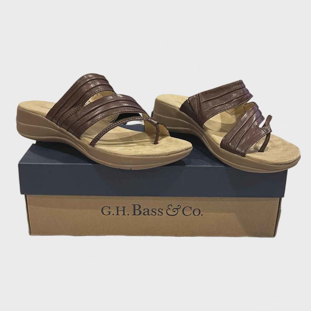 Bass & Co. Sandals Brown Leather Strappy Slip-On Wedge Size Women's 7.5